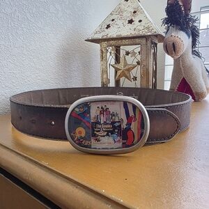 Vintage Brown Leather Belt with Illustrated Oval Buckle